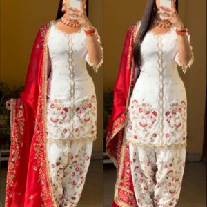 Red and White Elegance Patiala Suit – A Graceful Pearl Ensemble