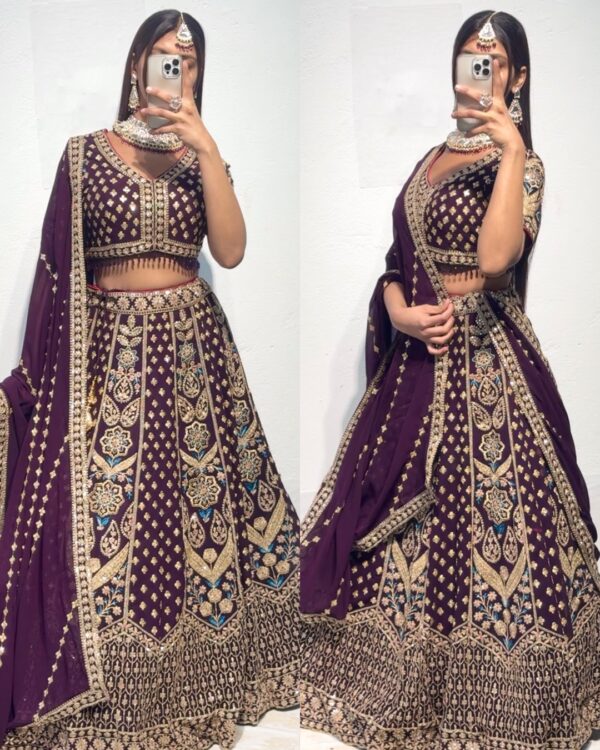 Regal Amethyst Georgette Lehenga – A Luxurious Bridal Ensemble