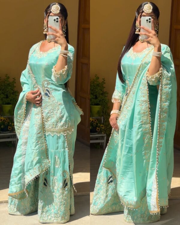 Serene Aqua Sharara Suit – A Handcrafted Embellished Beauty