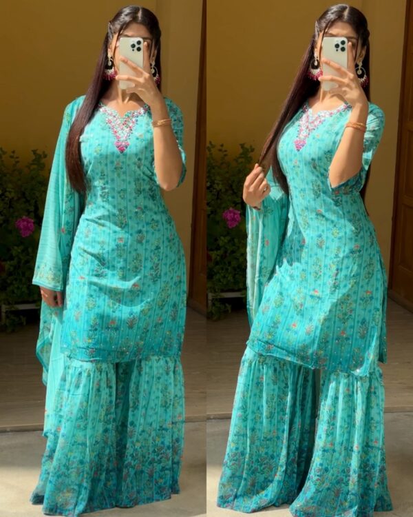 Turquoise Bloom Sharara Suit – A Floral Embroidered Delight