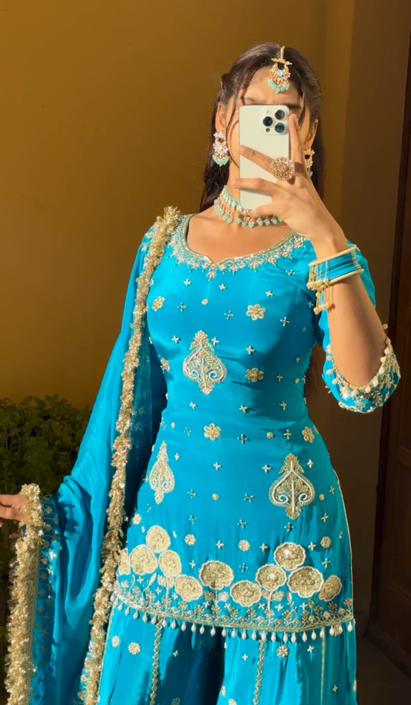 Royal Sky Blue Silk Sharara – A Handwork Masterpiece
