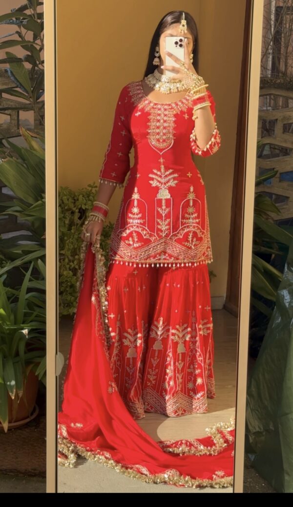Radiant Red Silk Sharara – A Handcrafted Statement
