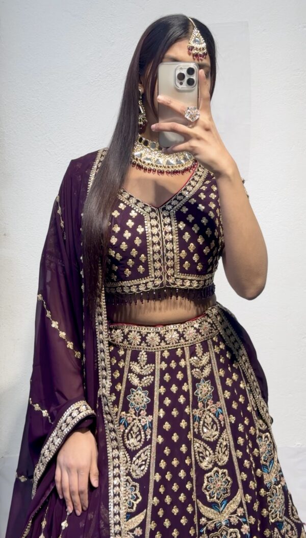 Regal Amethyst Georgette Lehenga – A Luxurious Bridal Ensemble