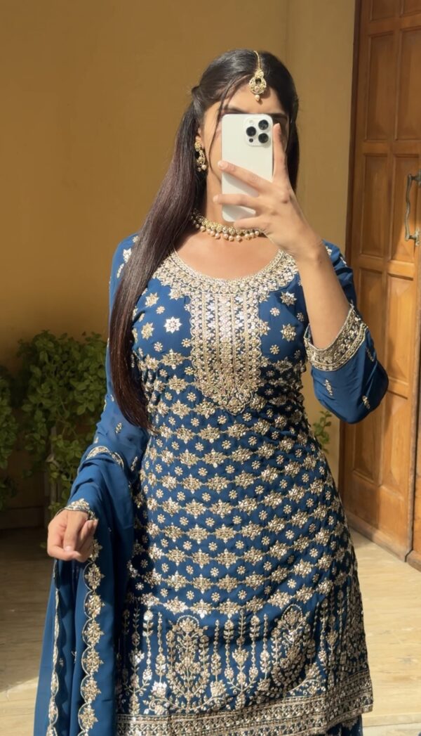 Royal Peacock Blue Embroidered Sharara Set – Embrace Regal Elegance